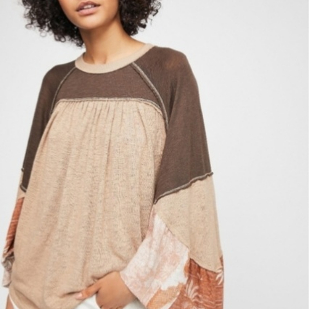 Free People Friday Fever, S, tan, mixed pattern sleeve